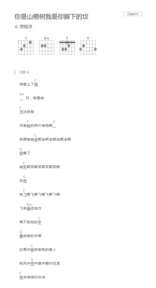 你是山楂树我是你脚下的坟吉他谱_贺铭洋_网络转载_C调