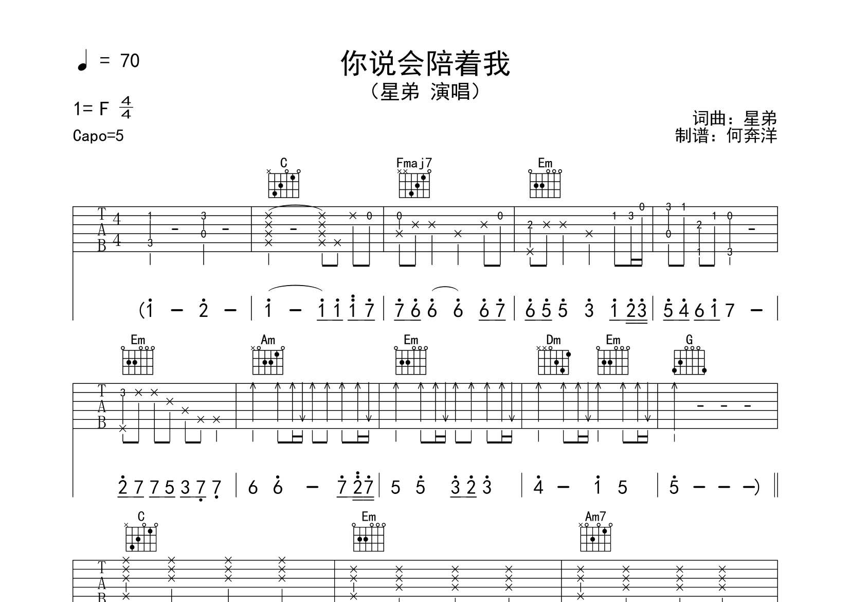 你说你会陪着我吉他谱_星弟_飞韵吉他_C调 