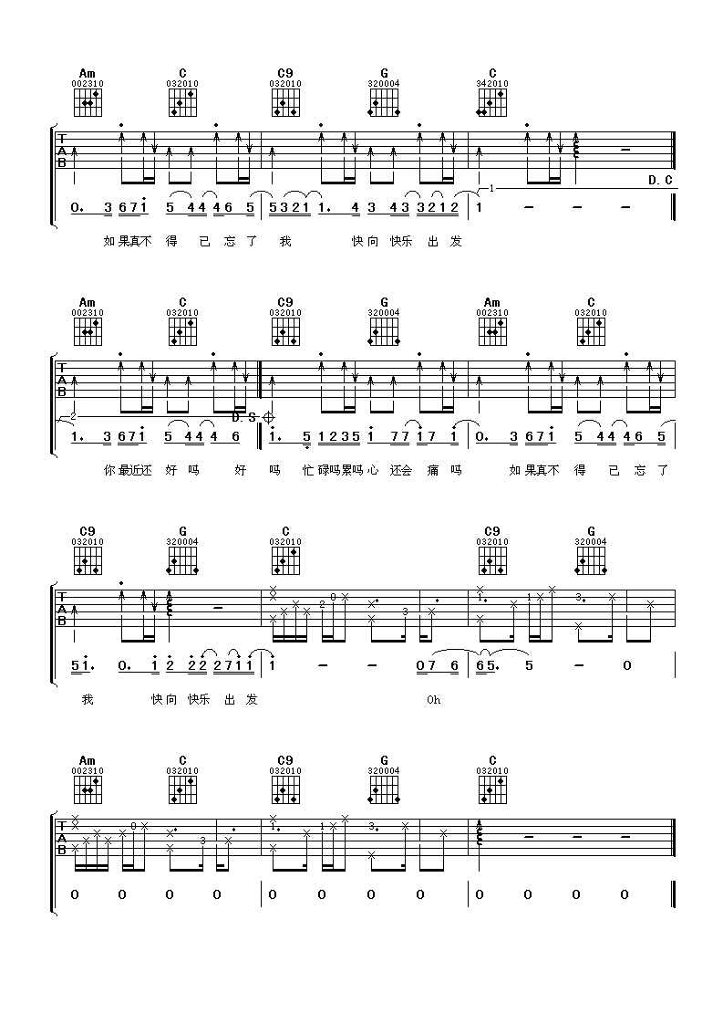 你最近还好吗吉他谱_S.H.E_阿潘音乐工场_C调_SHE 
