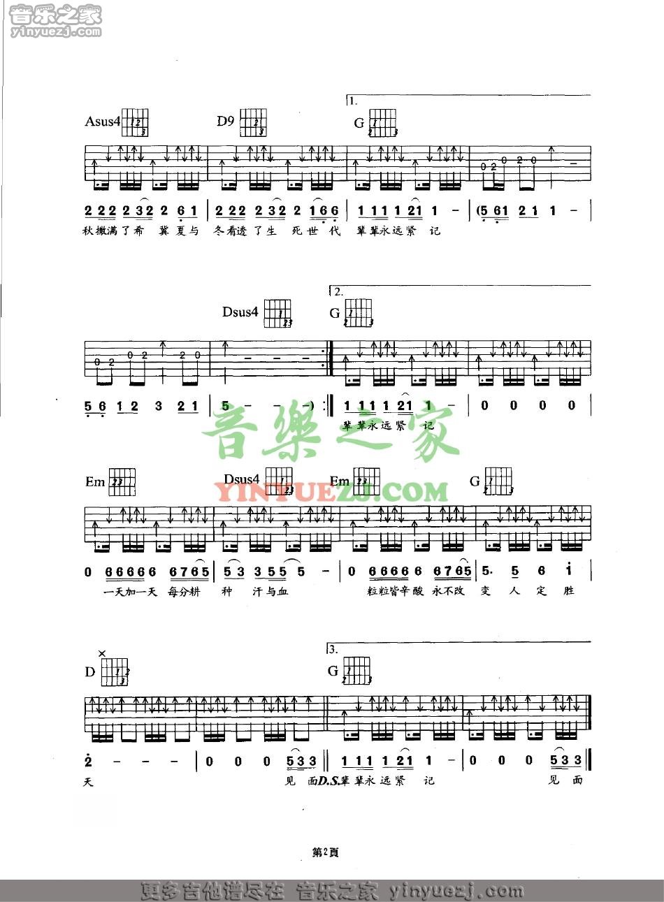 农民吉他谱_BEYOND_音乐之家_G调