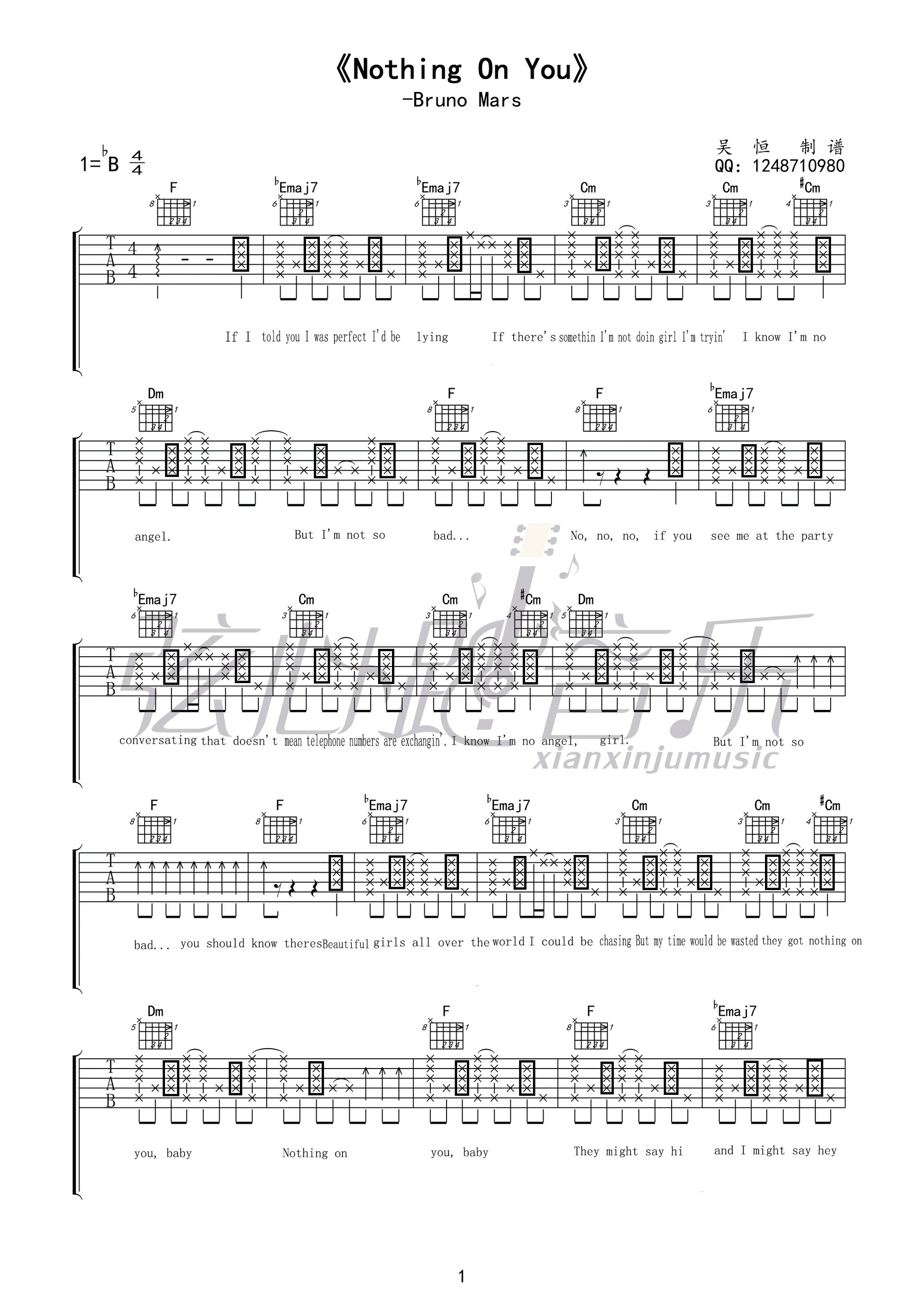 nothing on you吉他谱_BrunoMars_nothingonyou_吴恒_B调 