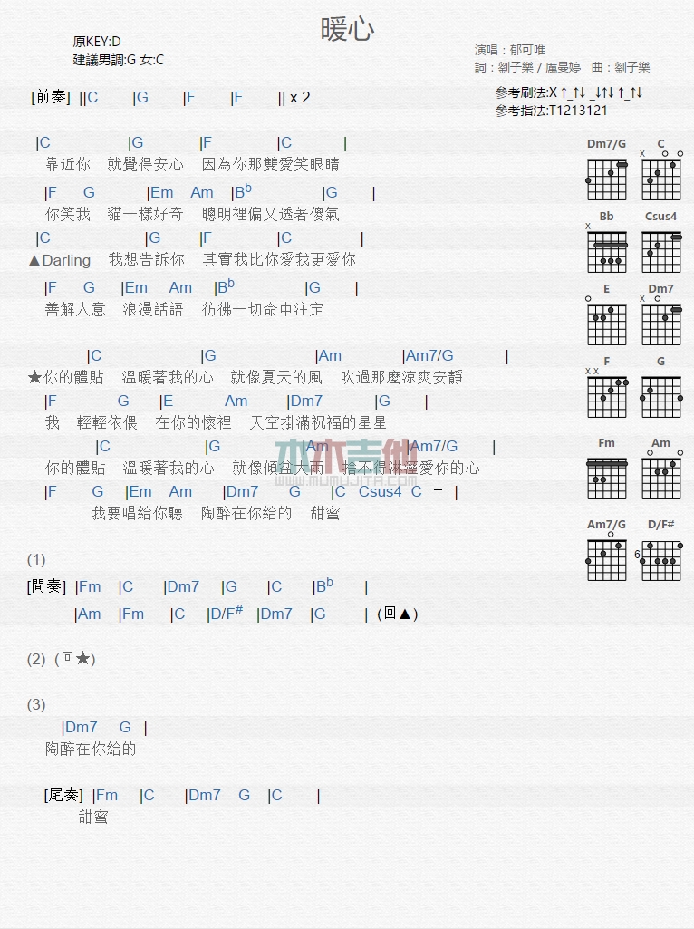 暖心吉他谱_郁可唯_木木吉他_C调