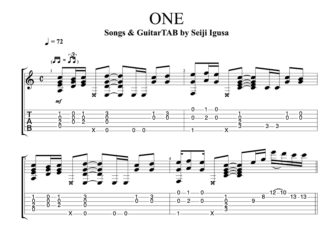 one指弹吉他谱_井草圣二_网络转载_调_one 