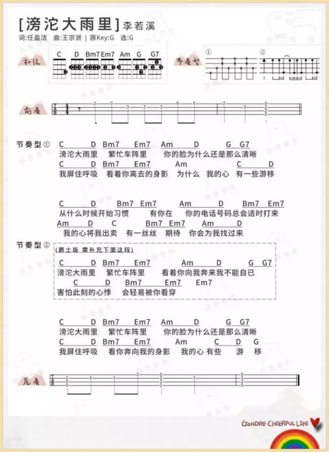 滂沱大雨里吉他谱_李若溪_网络转载_G调