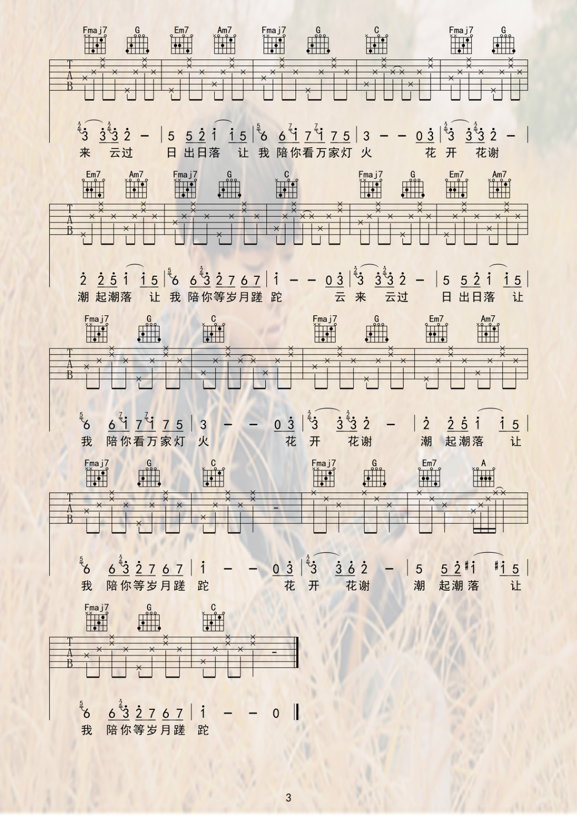 陪你看万家灯火吉他谱_夏沙_新梦想_C调