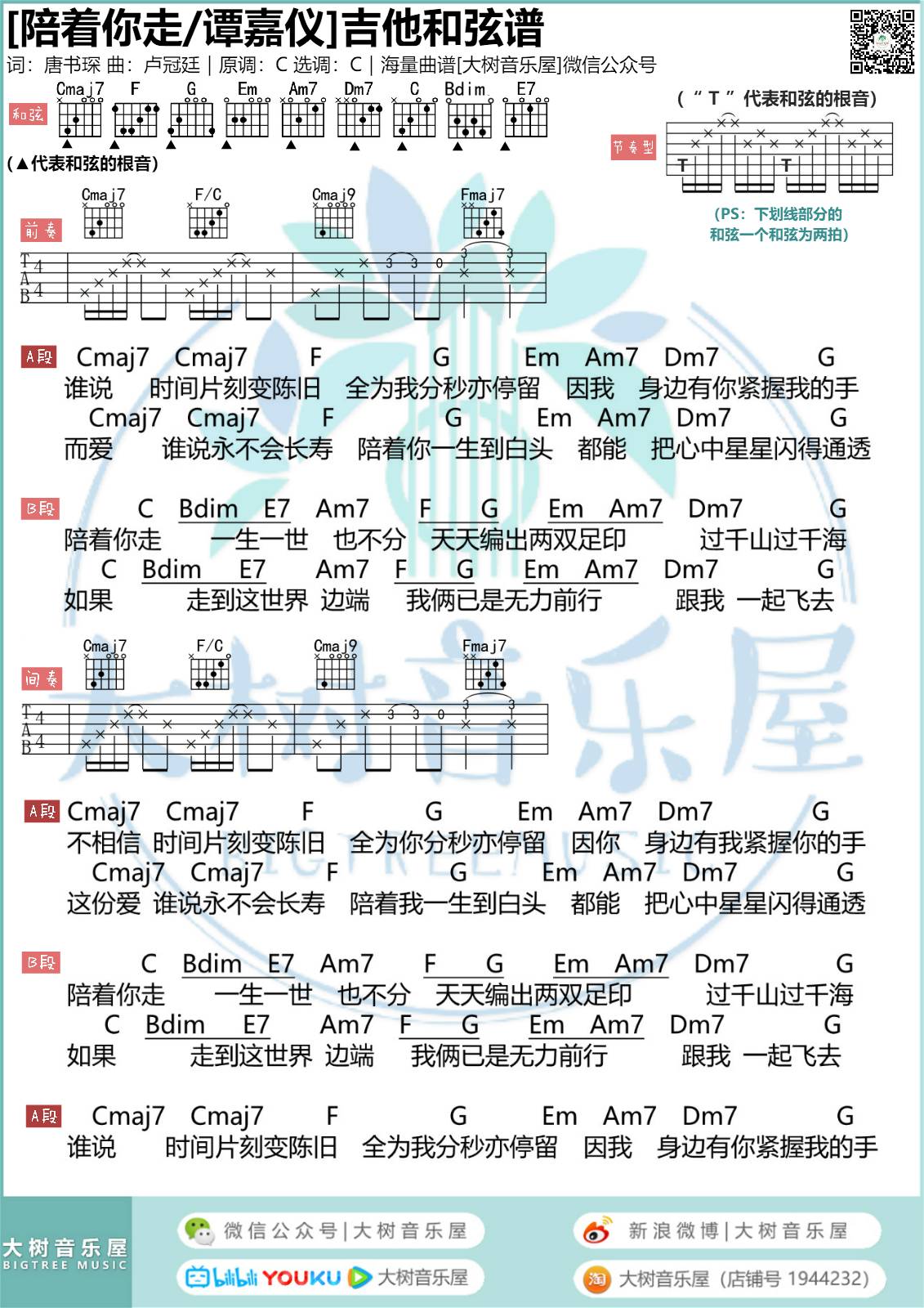 陪着你走吉他谱_谭嘉仪_大树音乐屋_C调