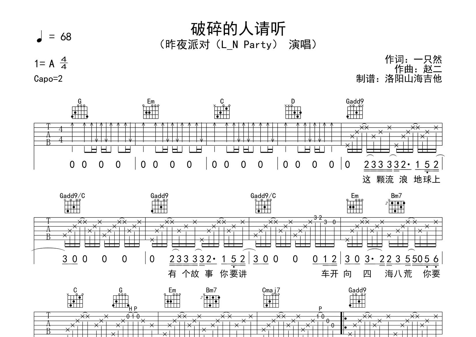 破碎的人请听吉他谱_昨夜派对_飞韵吉他_G调