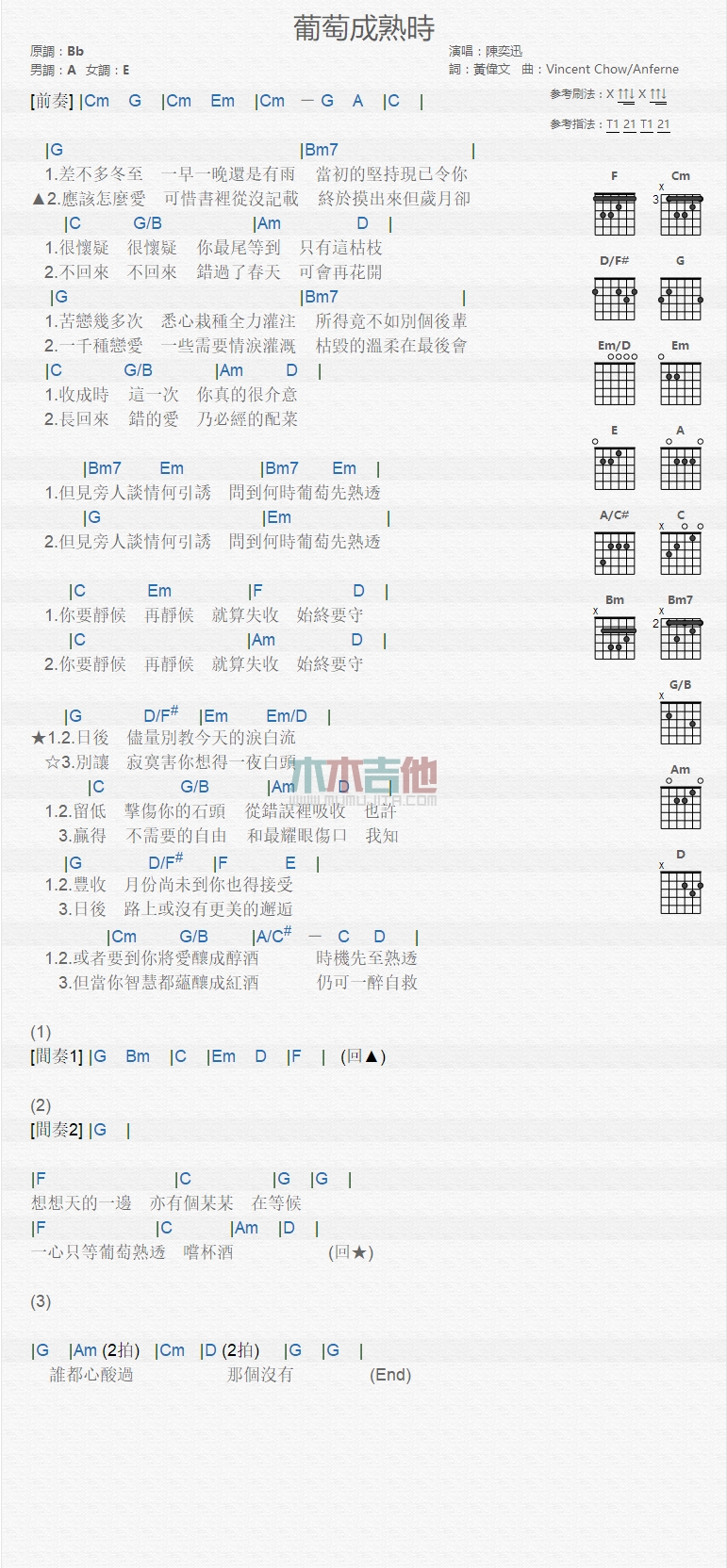 葡萄成熟时吉他谱_陈奕迅_木木吉他_G调