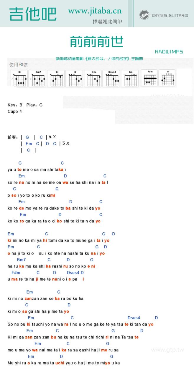 前前前世吉他谱_你的名字_G调 