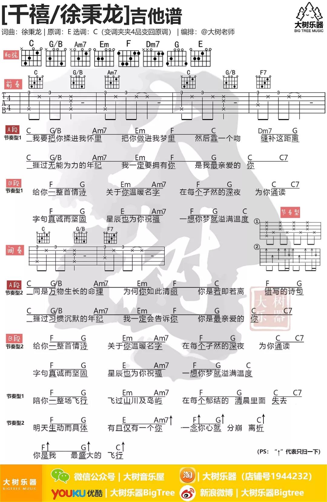 千禧吉他谱_徐秉龙_大树音乐屋_C调 