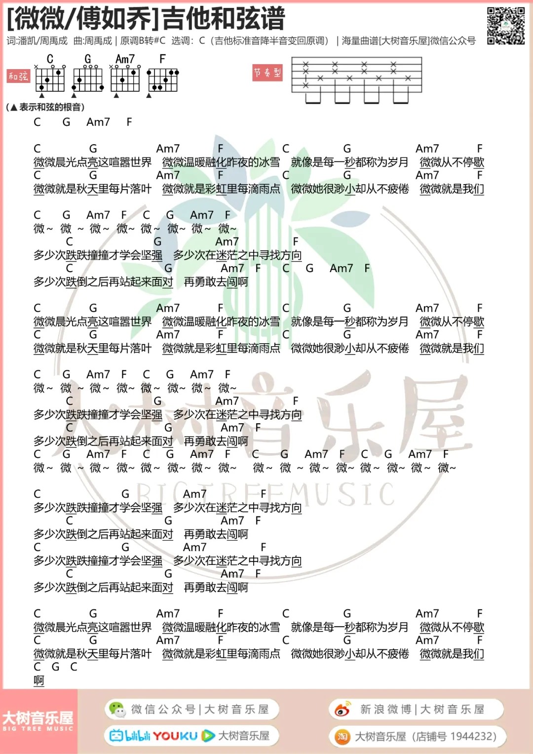 青春有你2吉他谱_傅如乔_大树音乐屋_C调