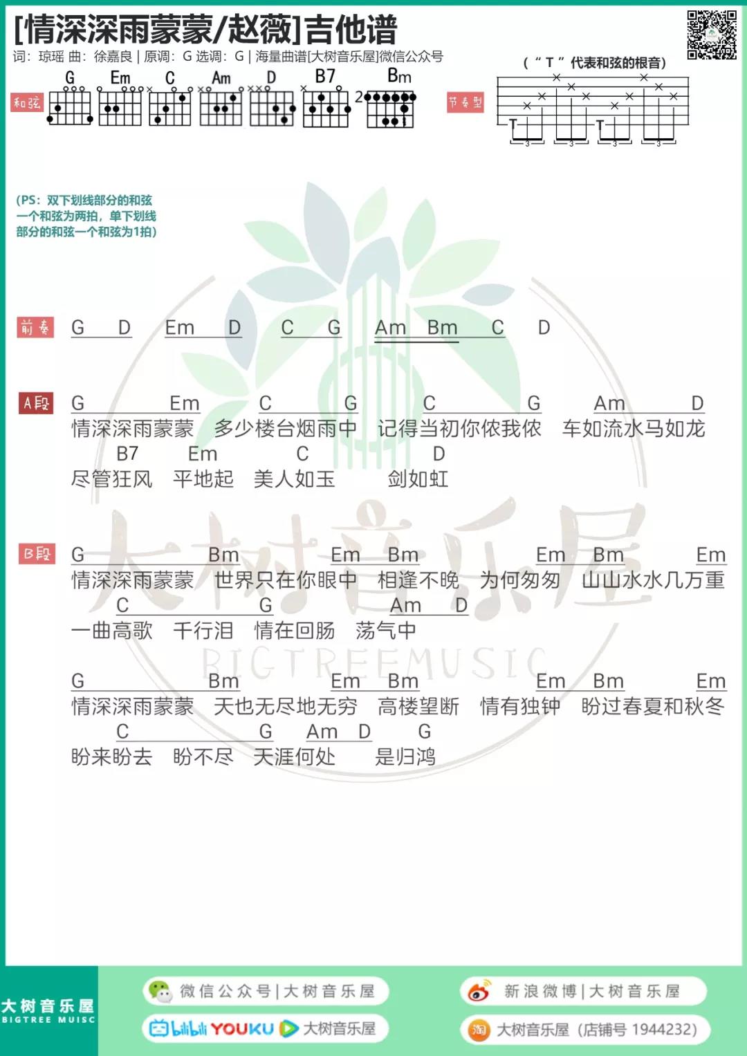 情深深雨蒙蒙吉他谱_赵薇_大树音乐屋_G调