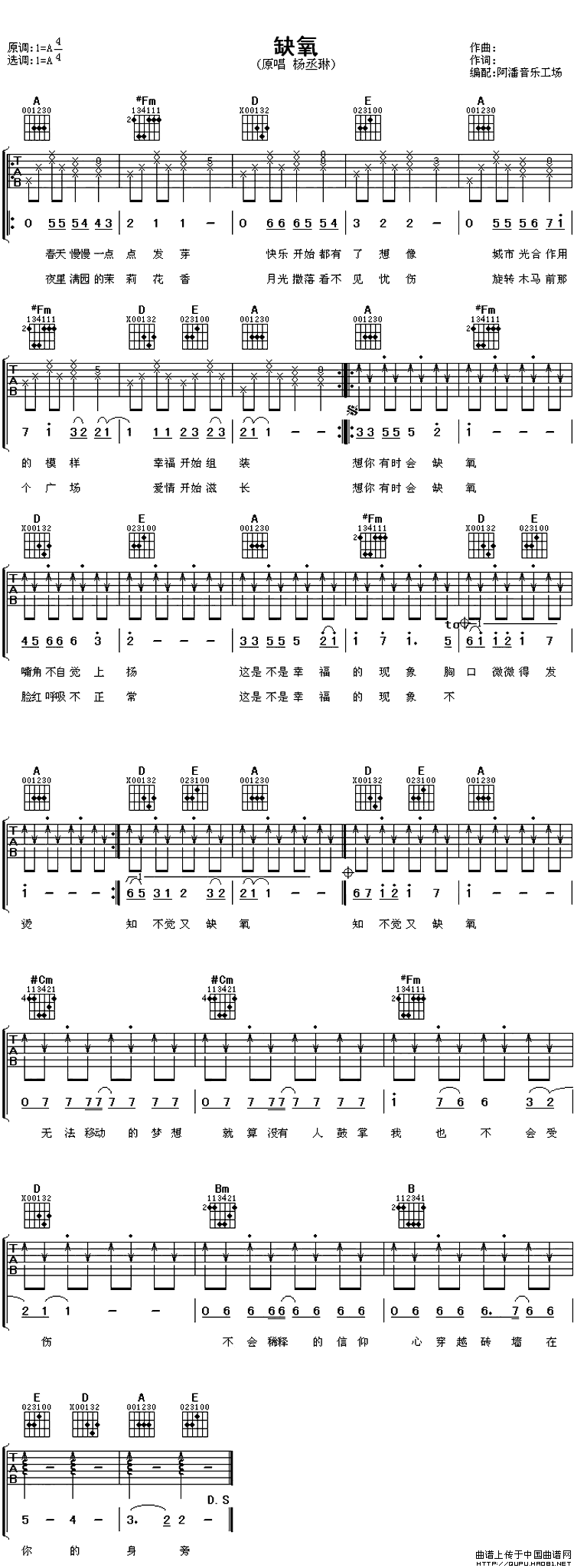 缺氧吉他谱_杨丞琳_阿潘音乐工场_A调