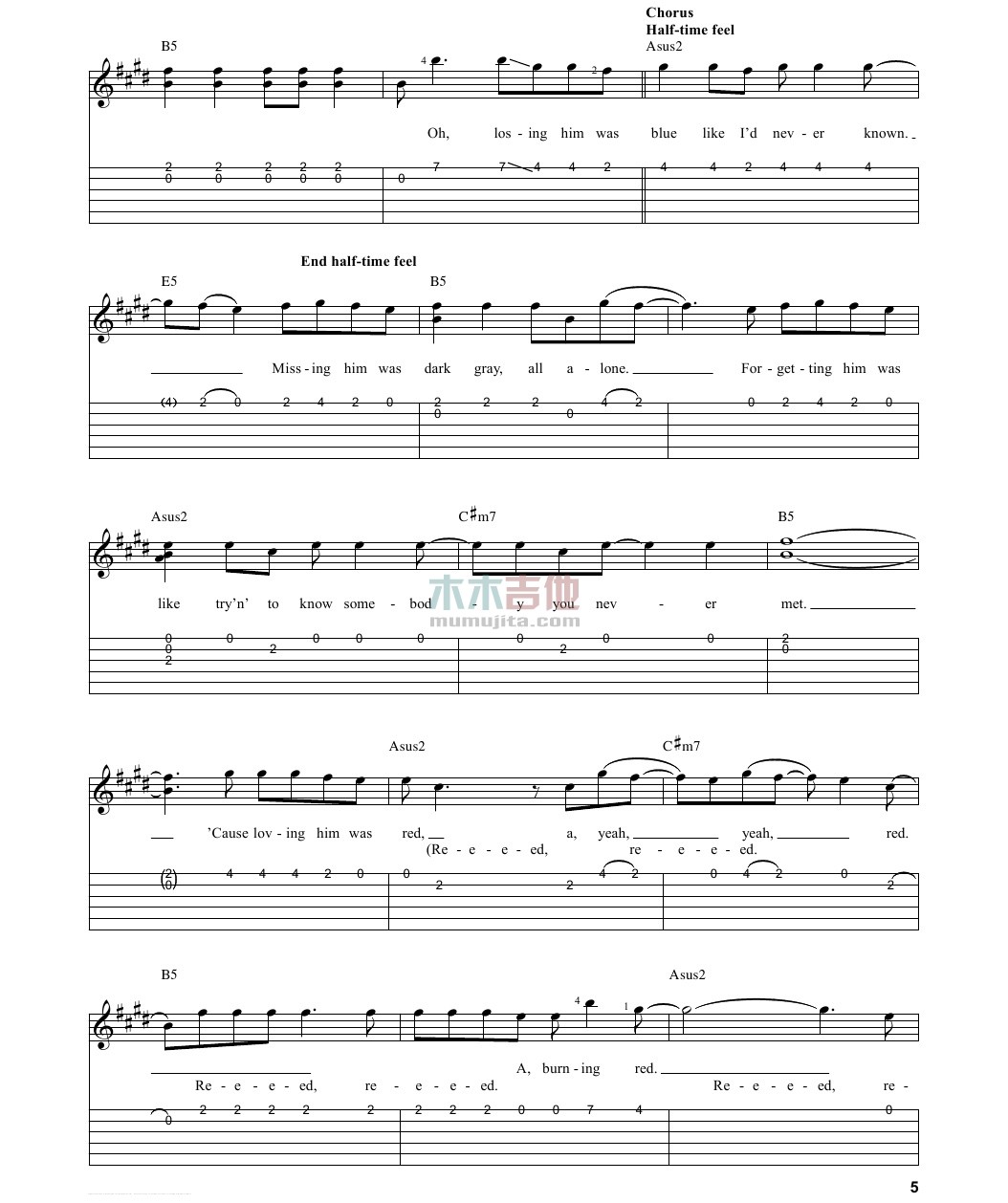red吉他谱_TaylorSwift_木木吉他_G调