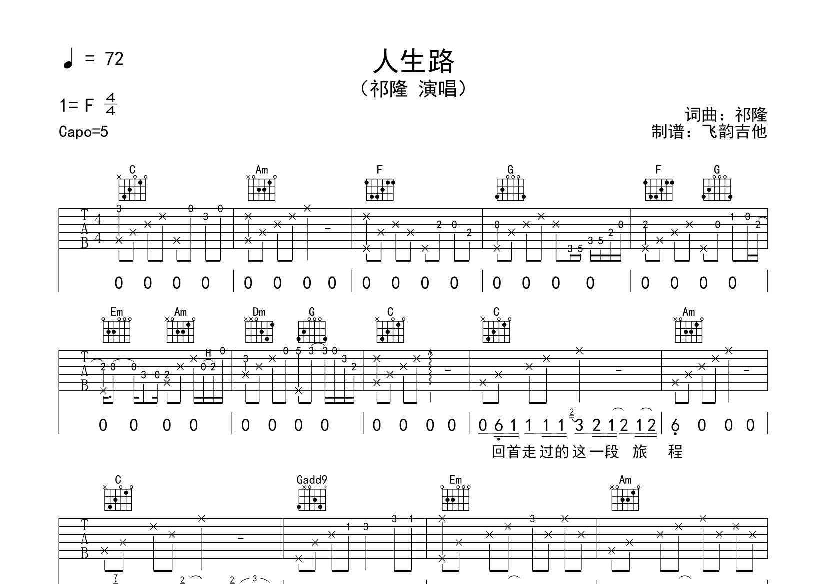 人生路吉他谱_祁隆_飞韵吉他_C调 