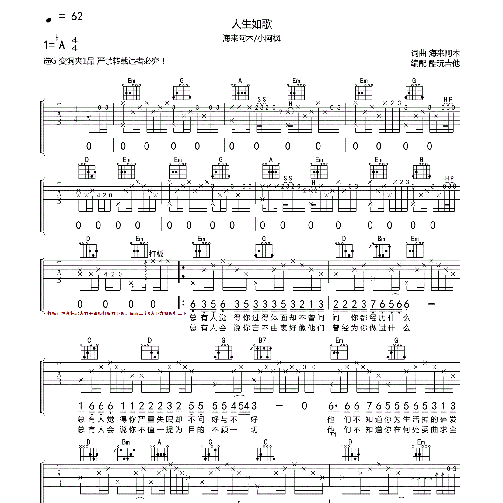 人生如歌吉他谱_海来阿木_小阿枫_酷玩吉他_C调 