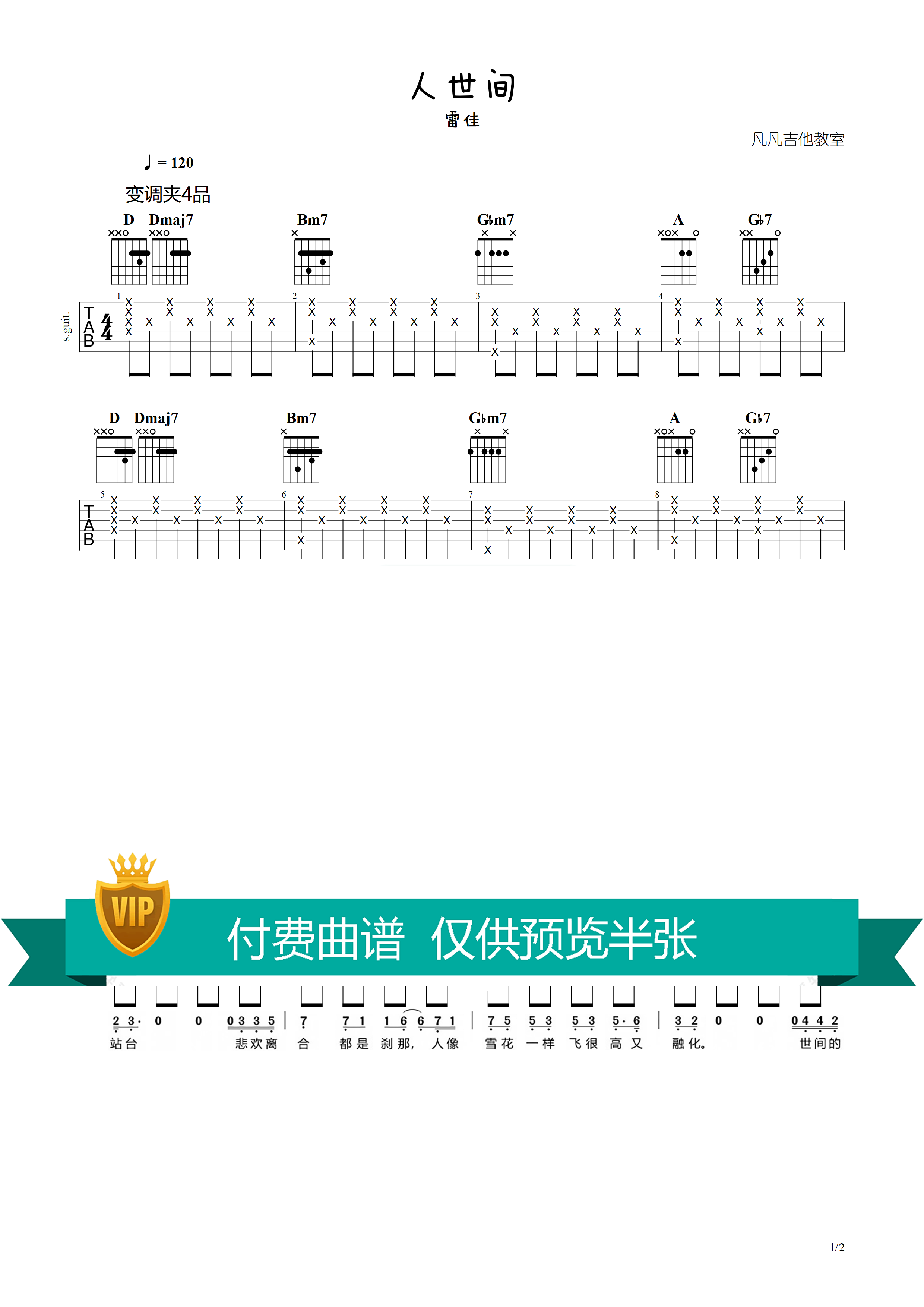 人世间吉他谱_雷佳_电视剧《人世间》_凡凡吉他教室_D调