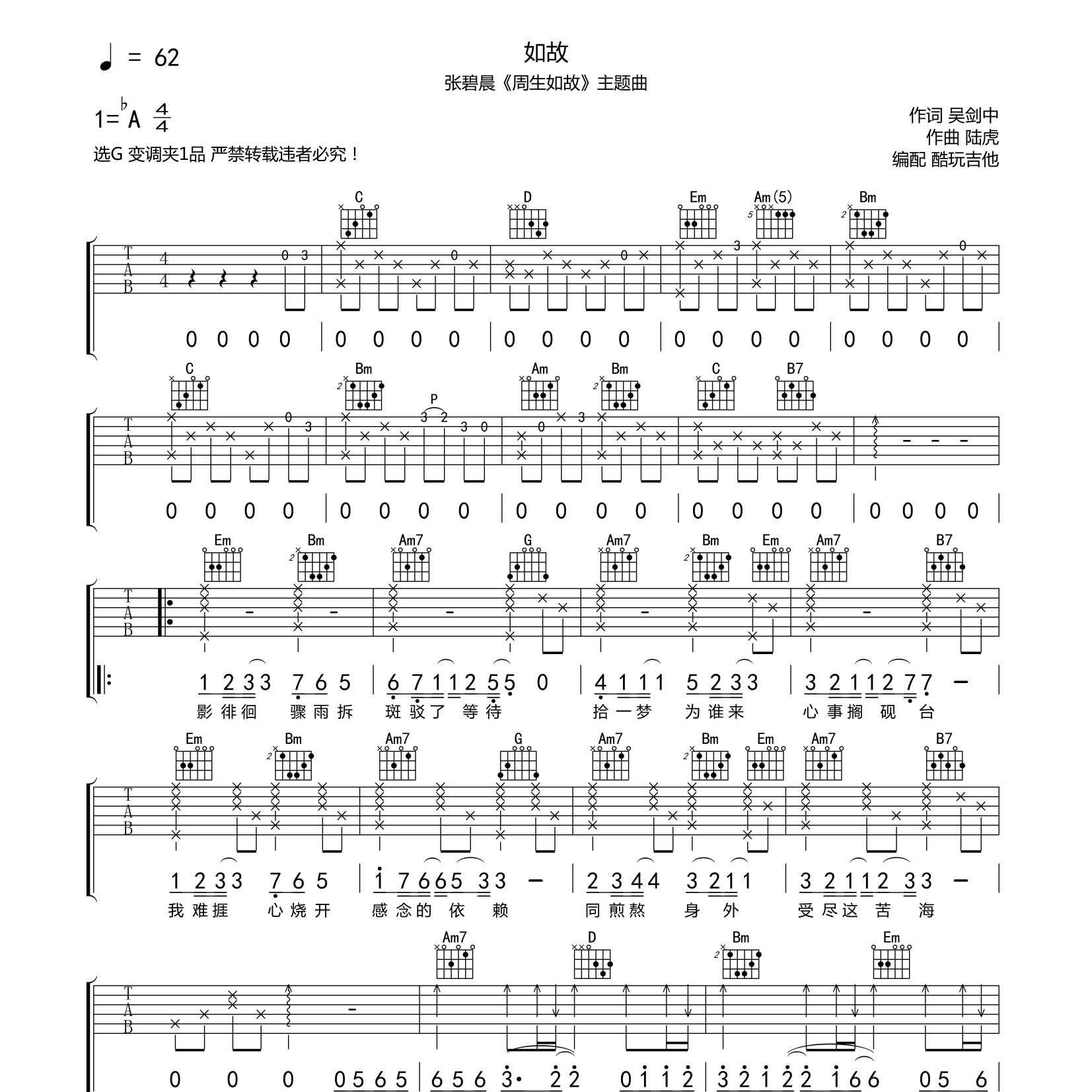 如故吉他谱_张碧晨_酷玩吉他_C调 