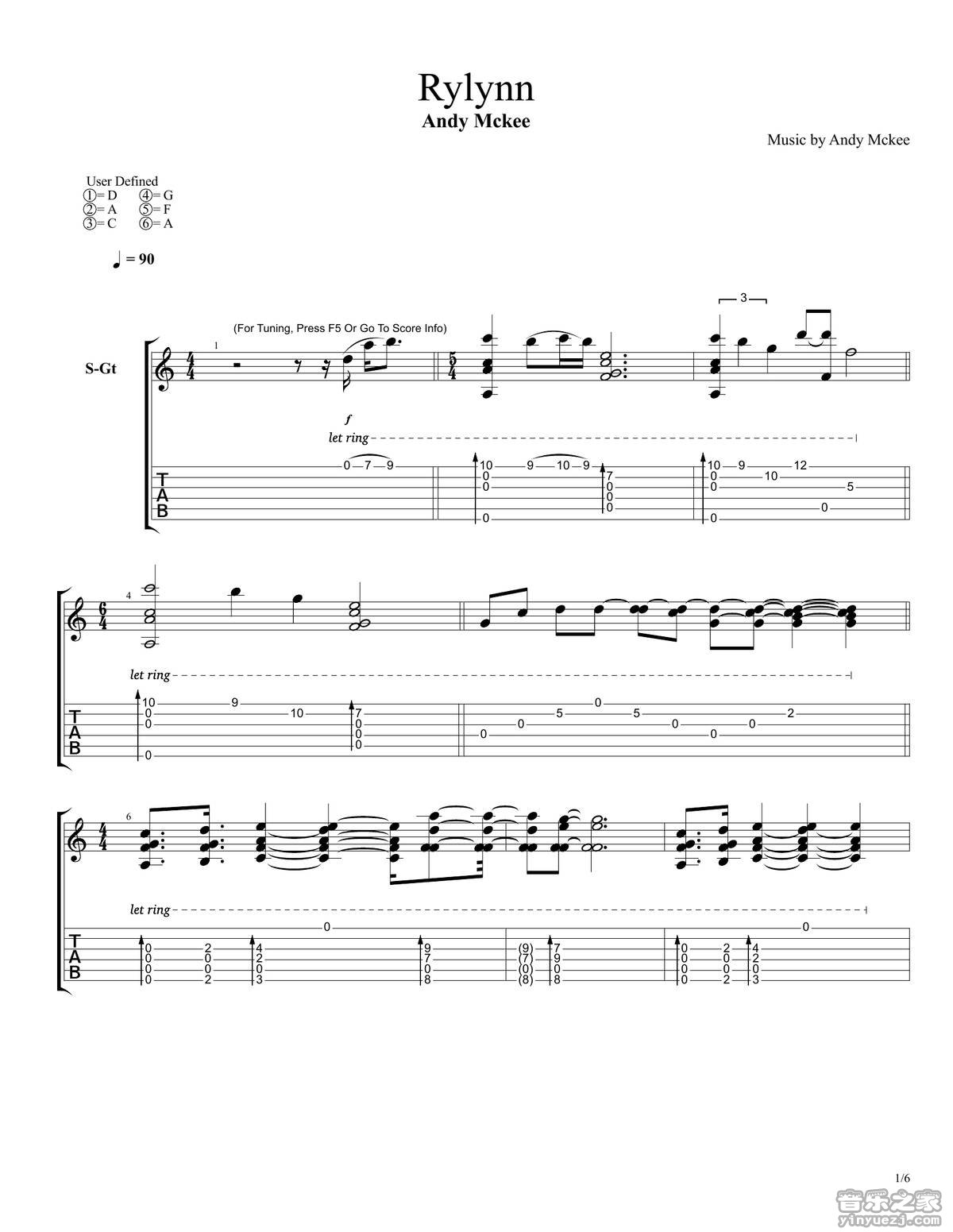 rylynn吉他谱_AndyMcKee_rylynn指弹谱D调六线谱_音乐之家编_音乐之家_调