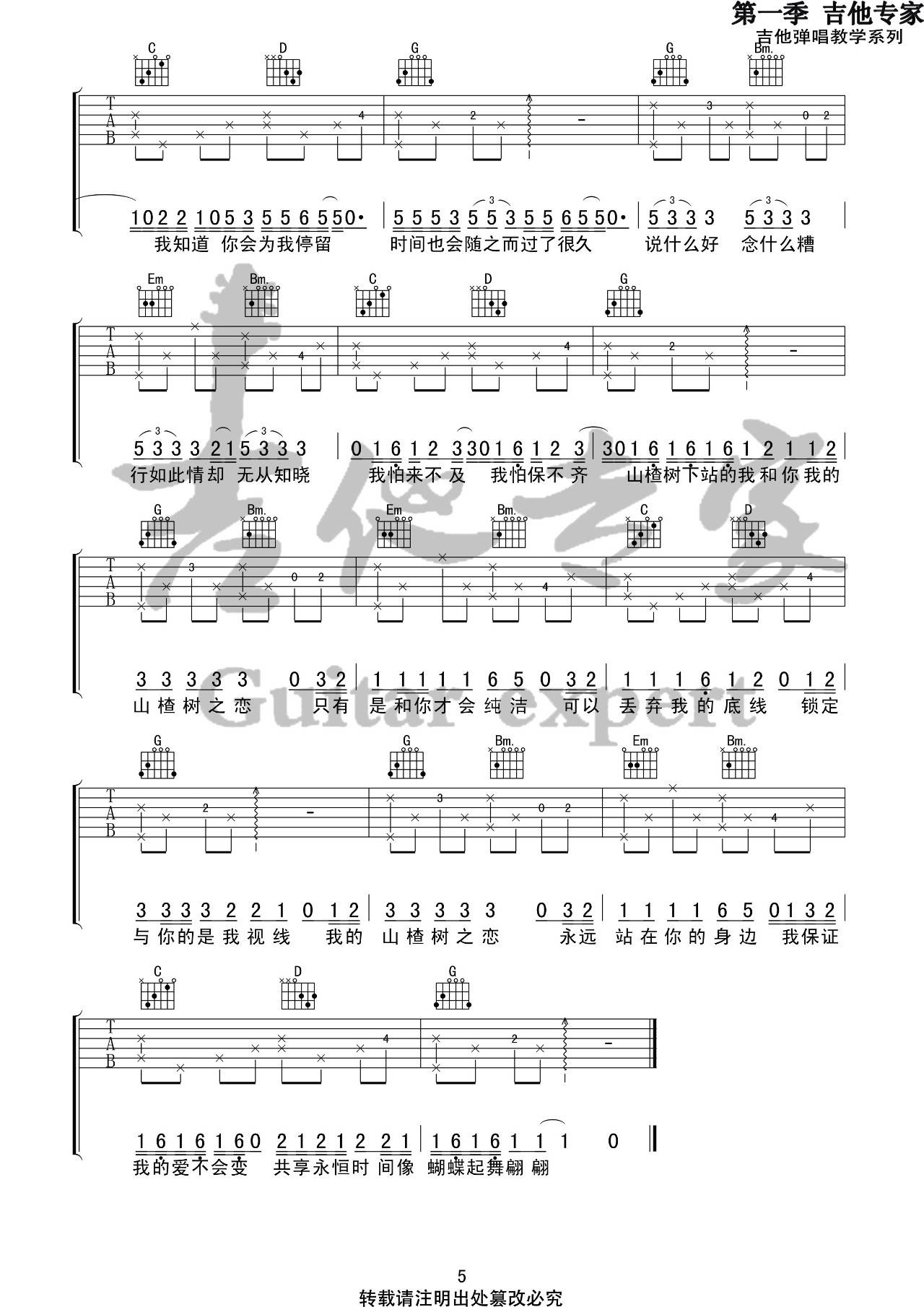 山楂树之恋吉他谱_大能人_音艺吉他_G调