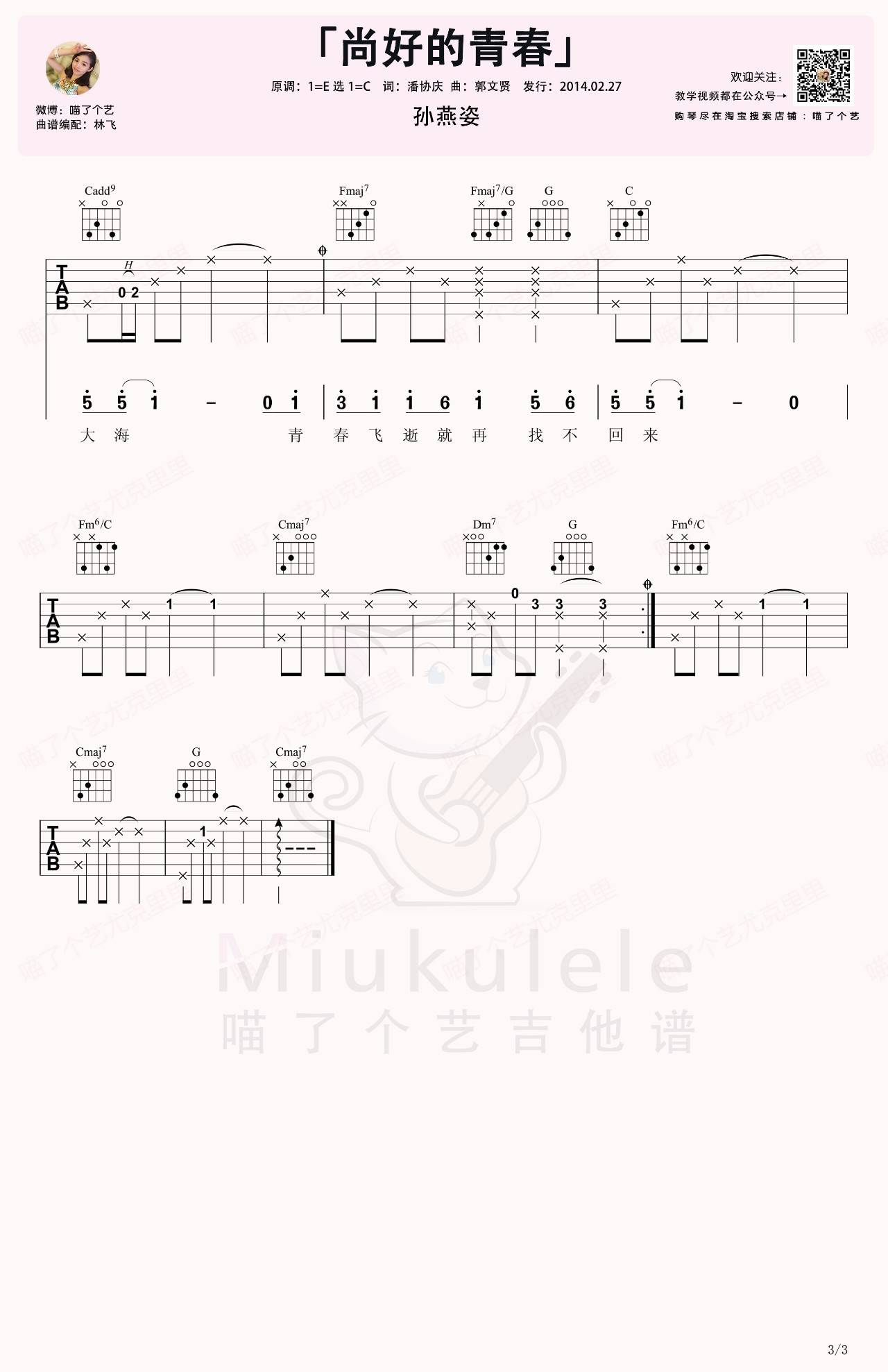 尚好的青春吉他谱_孙燕姿_喵了个艺_C调