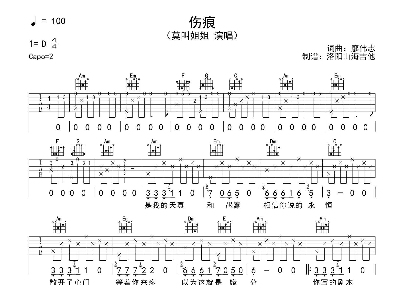 伤痕吉他谱_莫叫姐姐_飞韵吉他_C调