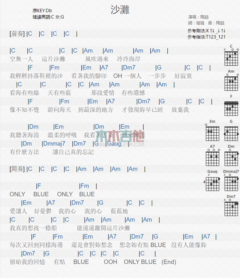 沙滩吉他谱_陶喆_木木吉他_C调