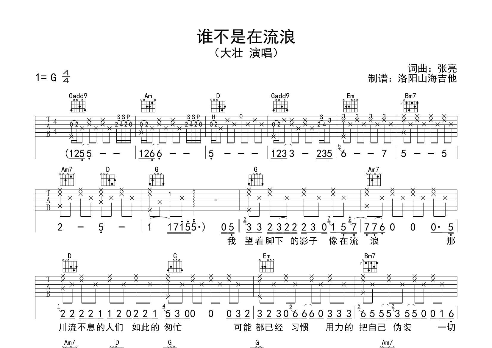 谁不是在流浪吉他谱_大壮_飞韵吉他_G调