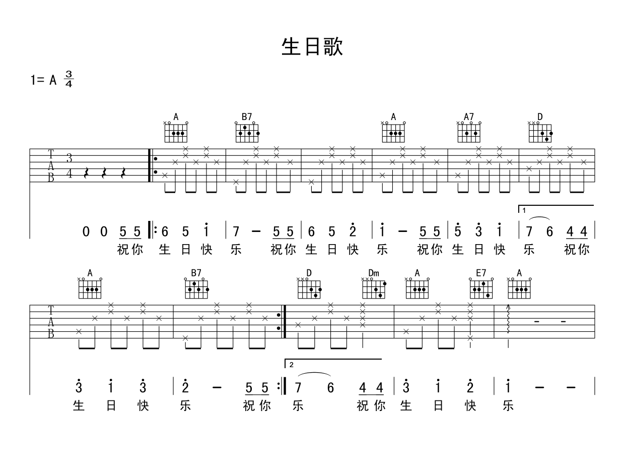 生日快乐歌吉他谱_帕蒂希尔_弦心距_A调