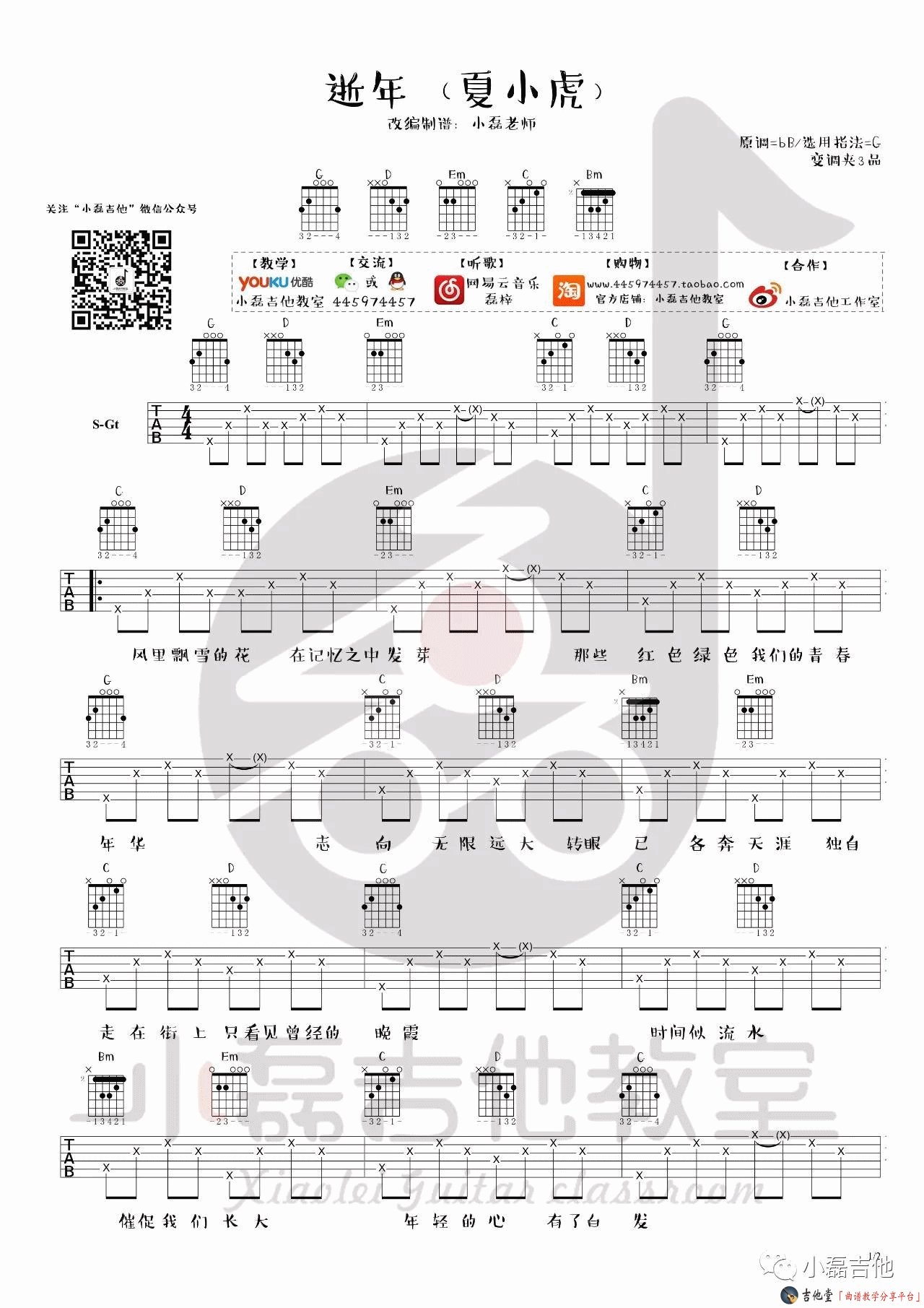 逝年吉他谱_夏小虎_小磊吉他教室_G调