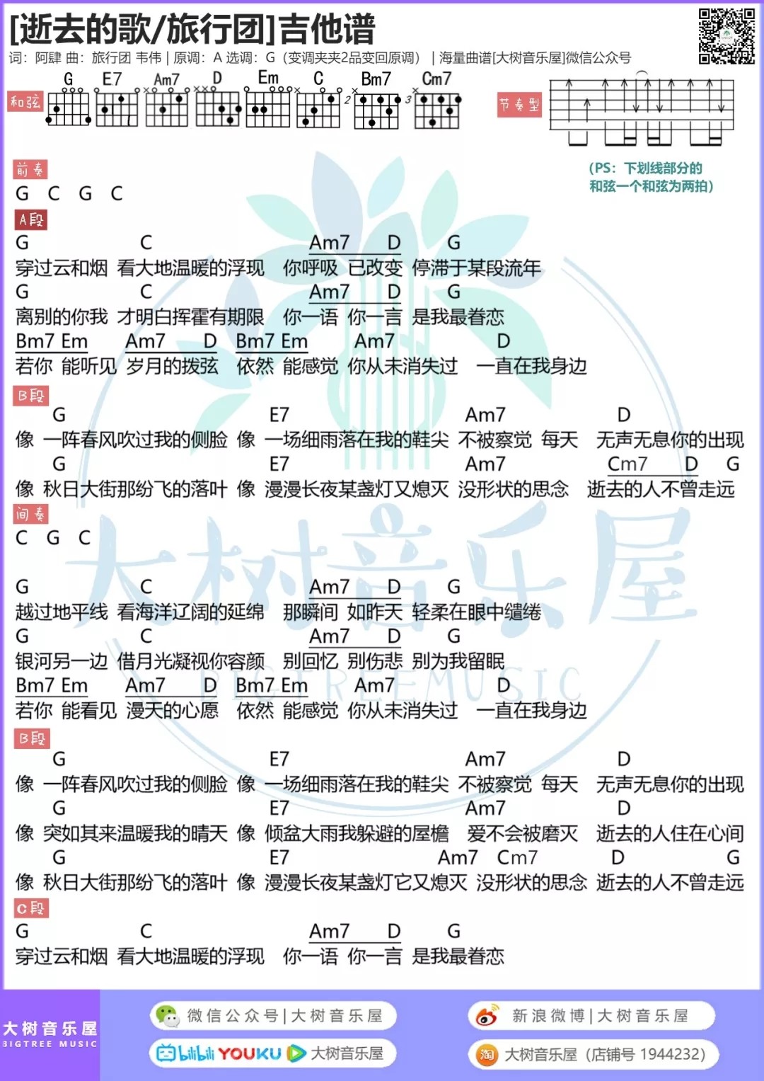 逝去的歌吉他谱_旅行团_大树音乐屋_G调