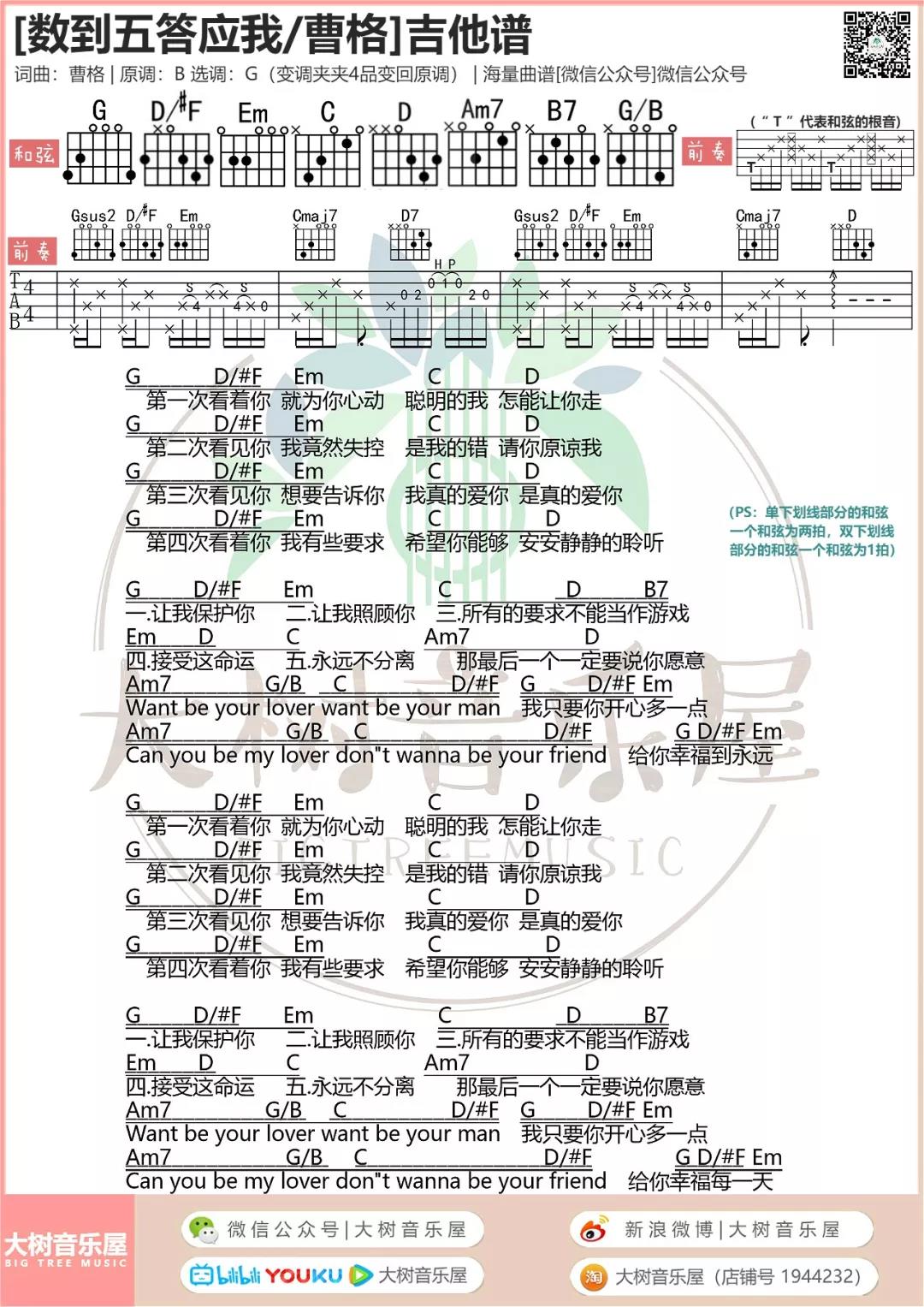 数到五答应我吉他谱_曹格_大树音乐屋_G调