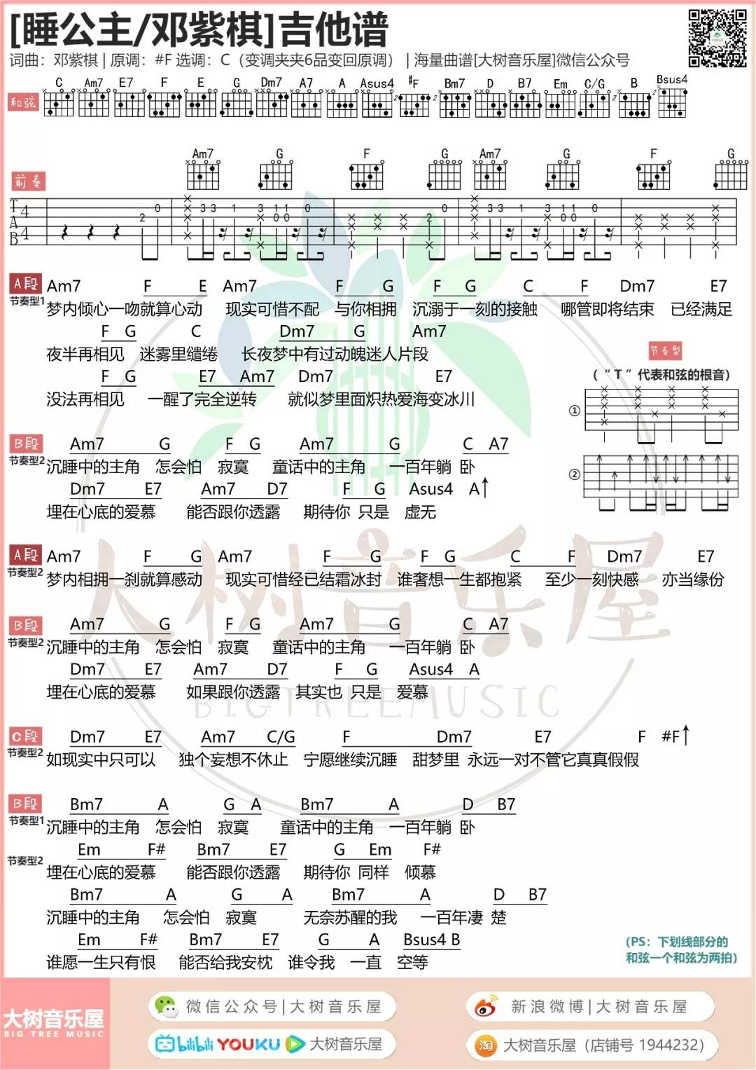 睡公主吉他谱_邓紫棋_大树音乐屋_调
