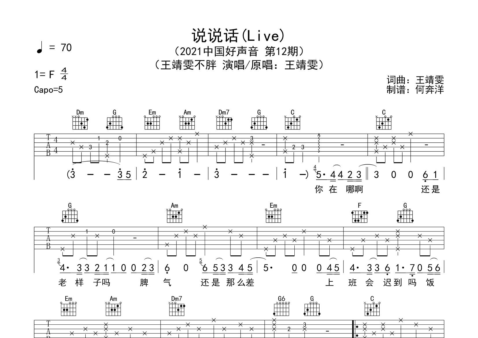 说说话吉他谱_王靖雯不胖_飞韵吉他_C调 