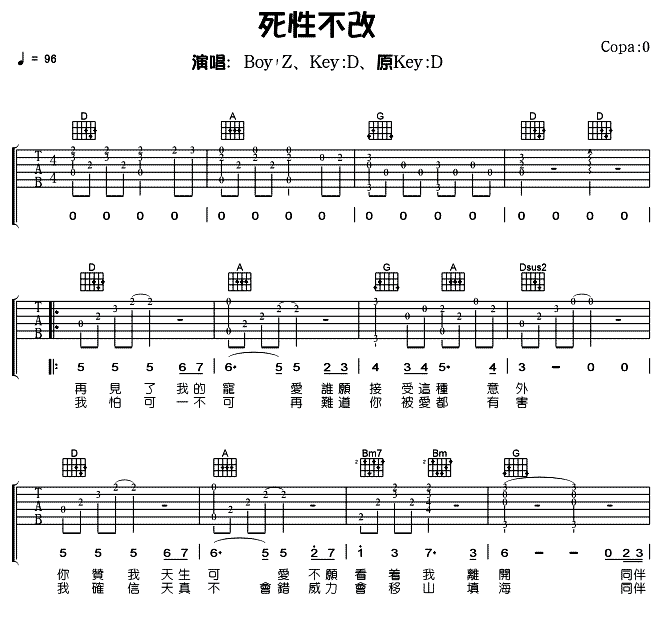 死性不改吉他谱_Twins_网络转载_D调