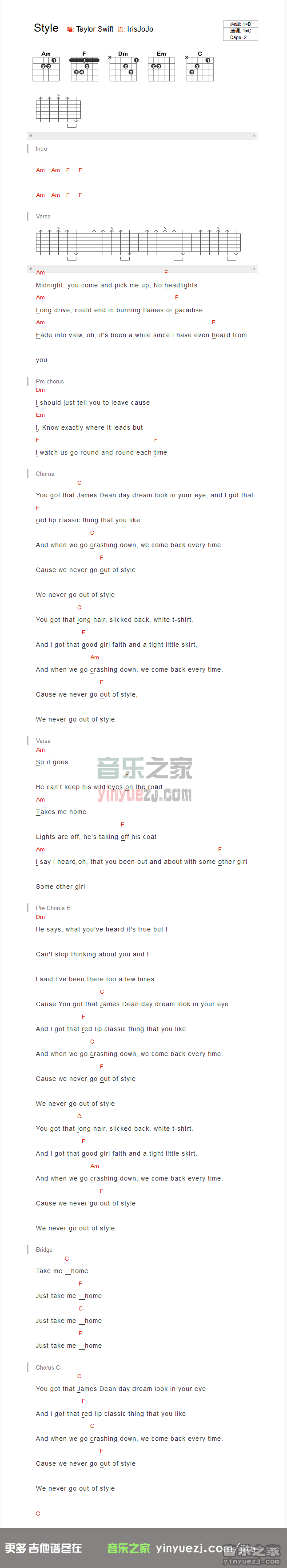 style吉他谱_TaylorSwift_音乐之家_C调