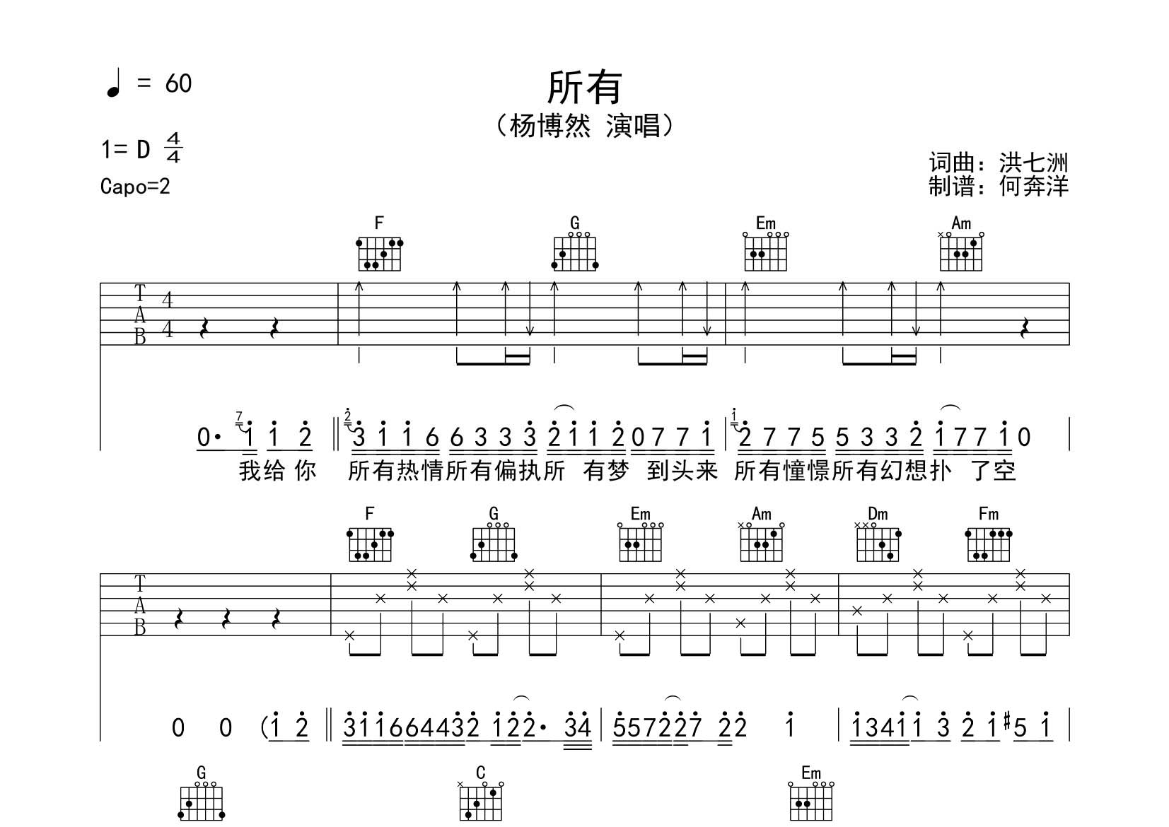 所有吉他谱_杨博然_飞韵吉他_C调