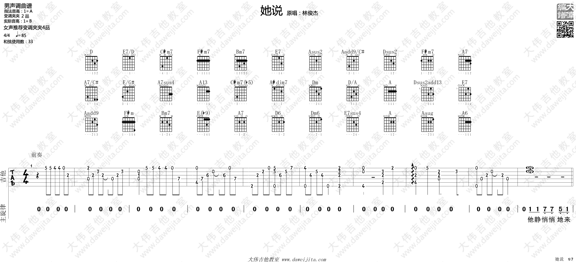 她说吉他谱_林俊杰_大伟吉他教室_A调