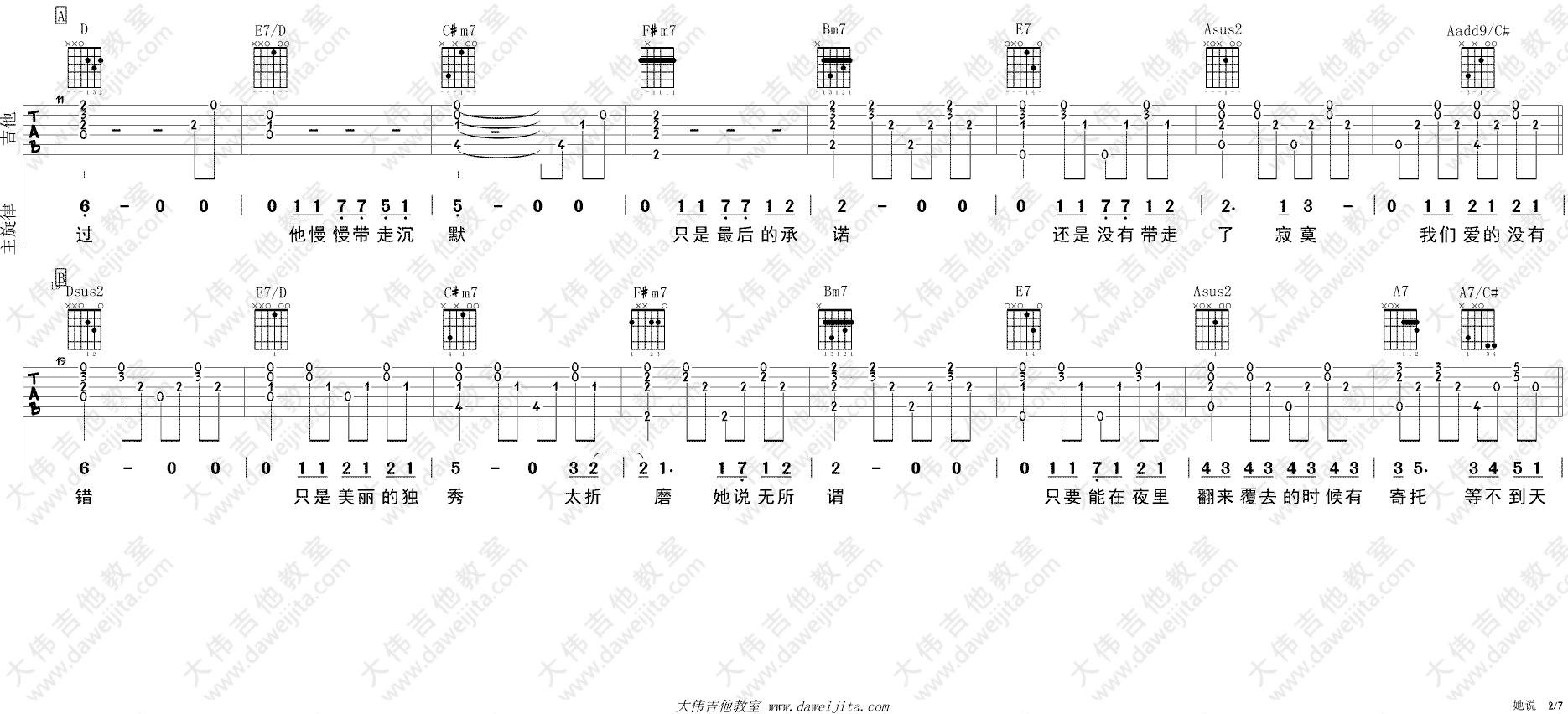 她说吉他谱_林俊杰_大伟吉他教室_A调