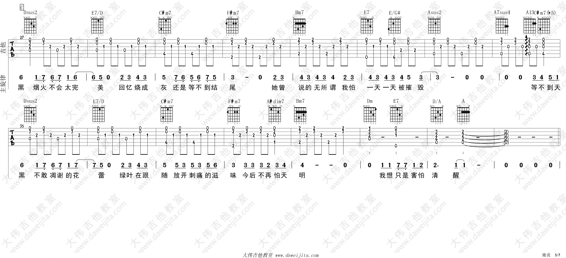 她说吉他谱_林俊杰_大伟吉他教室_A调