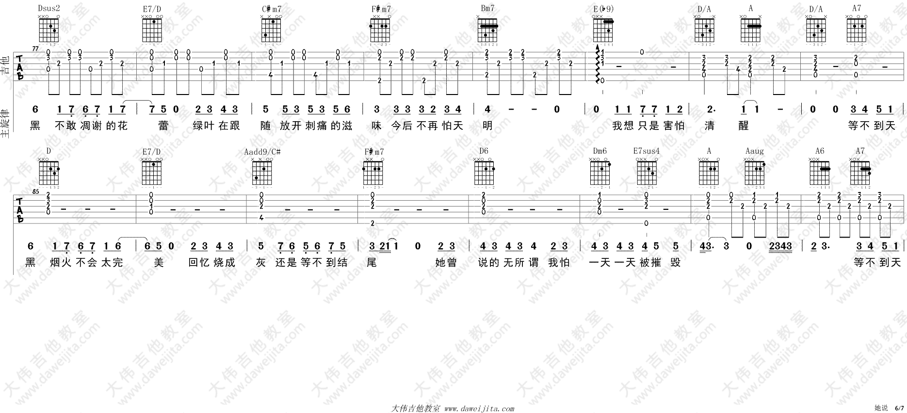 她说吉他谱_林俊杰_大伟吉他教室_A调