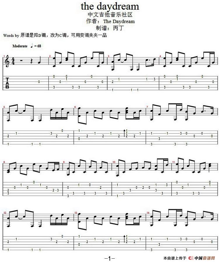 the daydream吉他谱_Renodia_thedaydream吉他指弹谱C调_中_中文吉他音乐社区_调_thedaydream