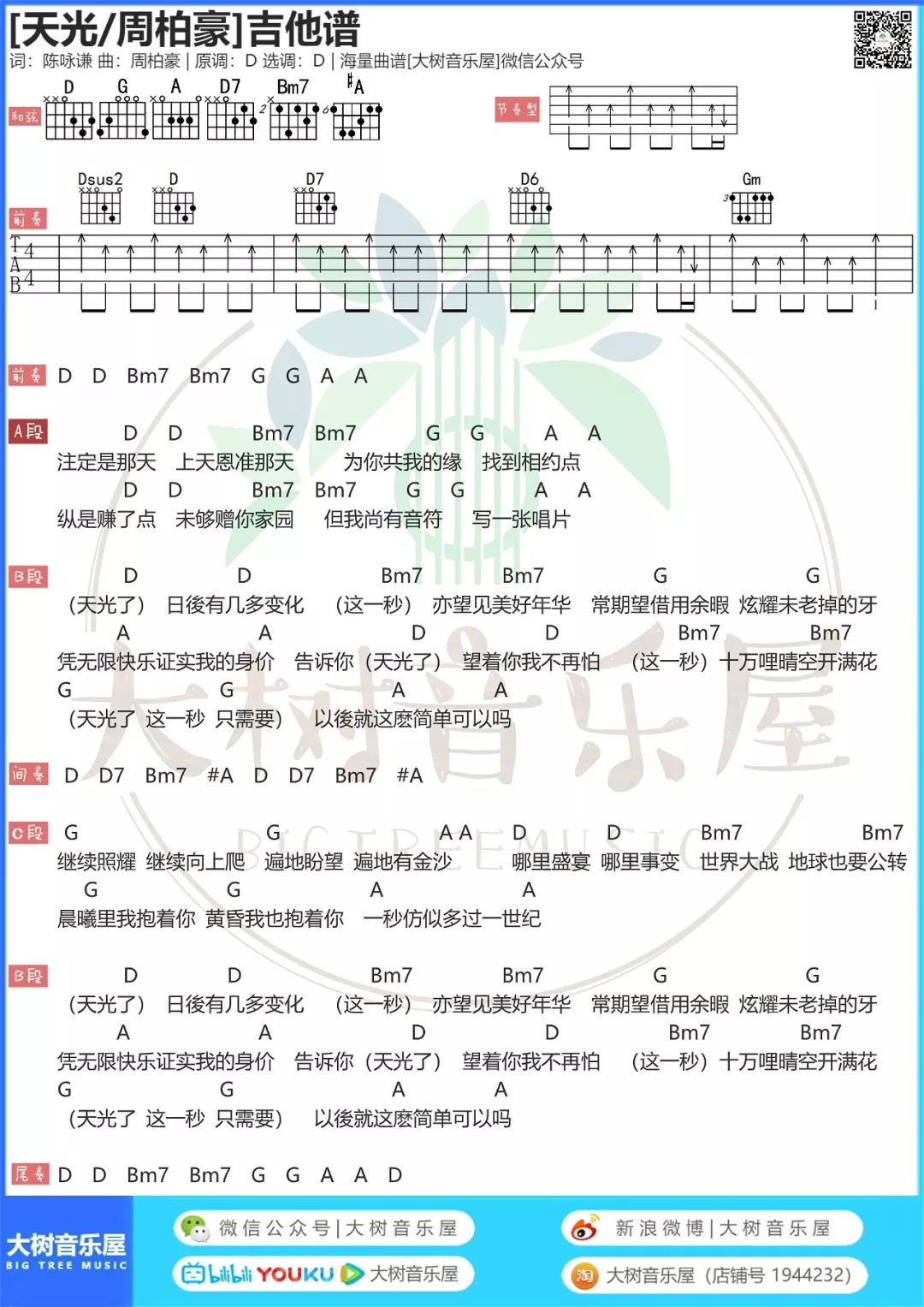 天光吉他谱_周柏豪_大树音乐屋_D调