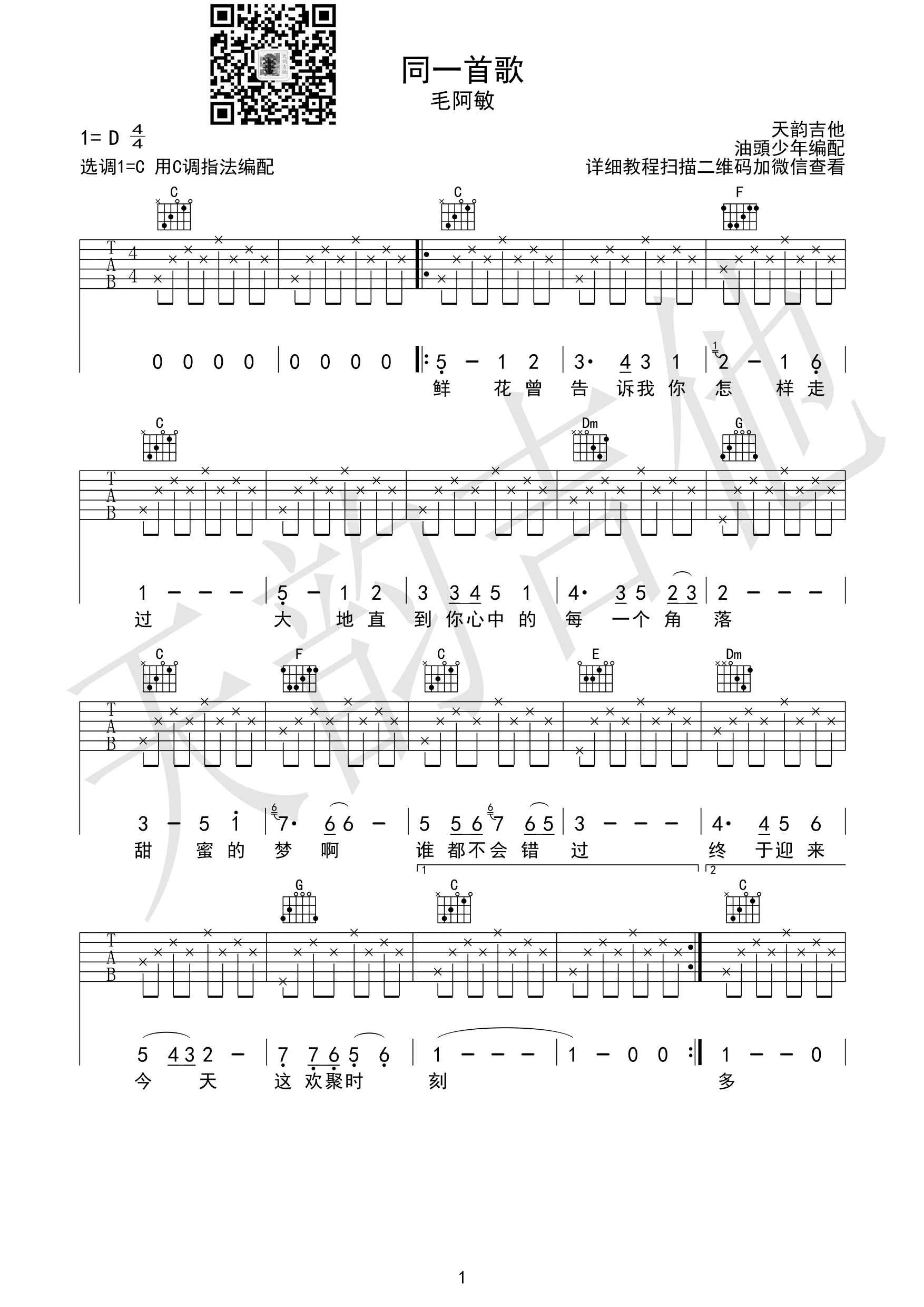 同一首歌吉他谱_毛阿敏_天韵吉他_D调