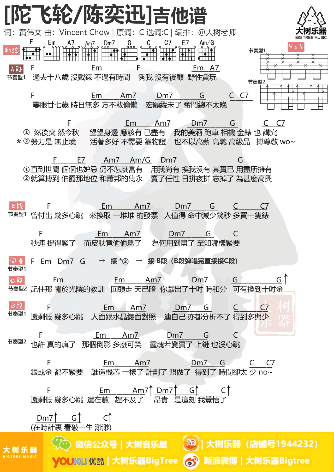 托飞轮吉他谱_陈奕迅_大树音乐屋_C调