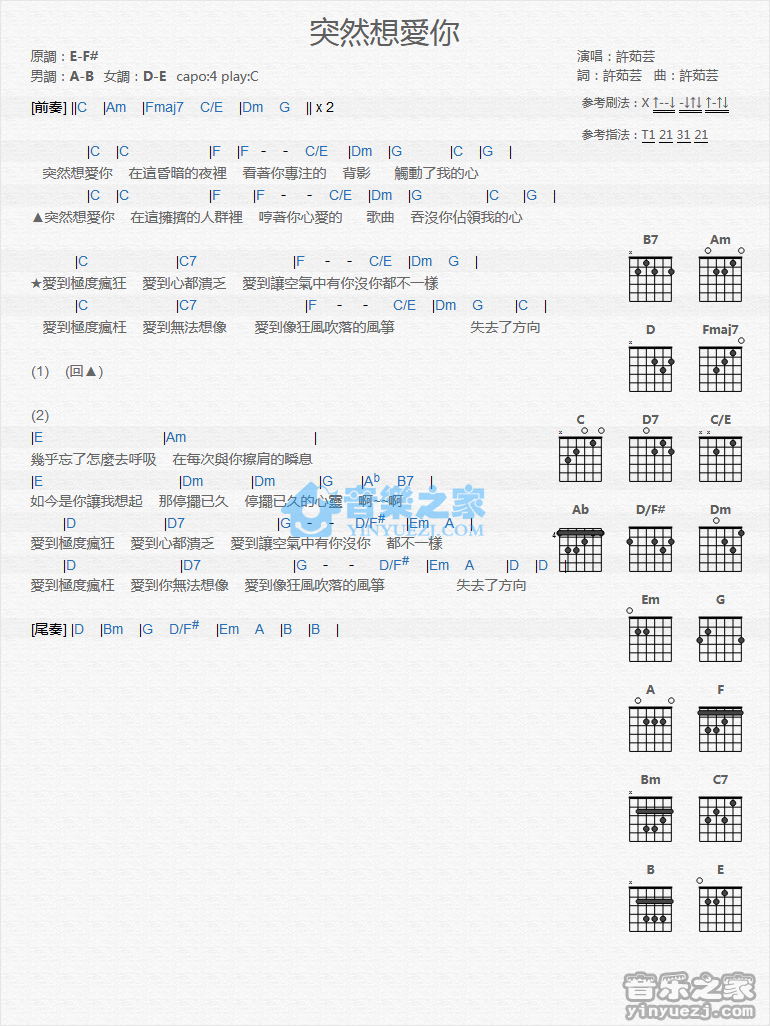 突然想爱你吉他谱_许茹芸_音乐之家_C调