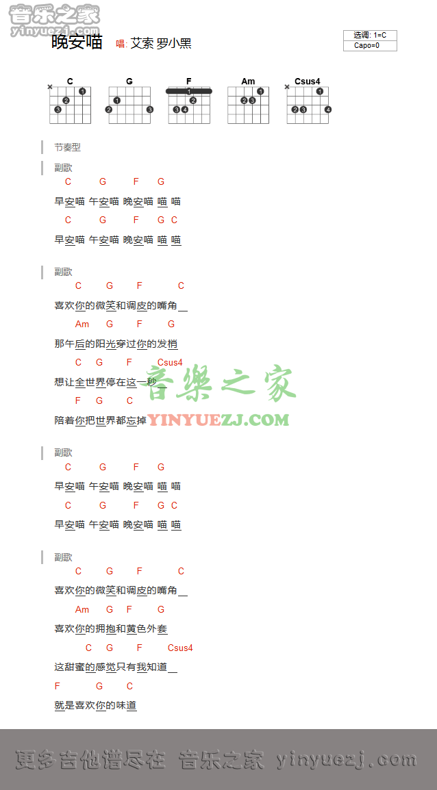 晚安喵吉他谱_艾索_音乐之家_C调