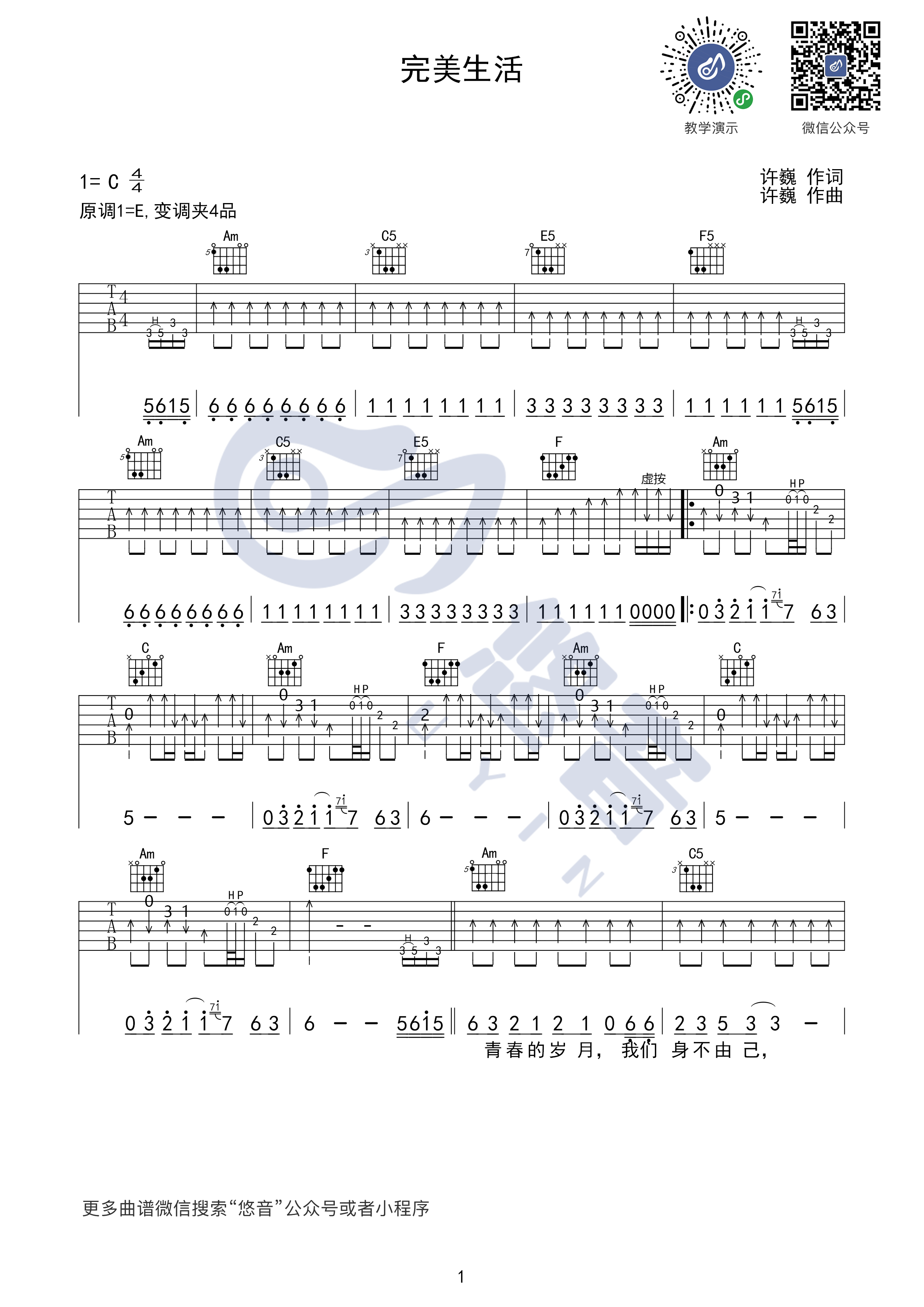 完美生活吉他谱_许巍_悠音课堂_C调