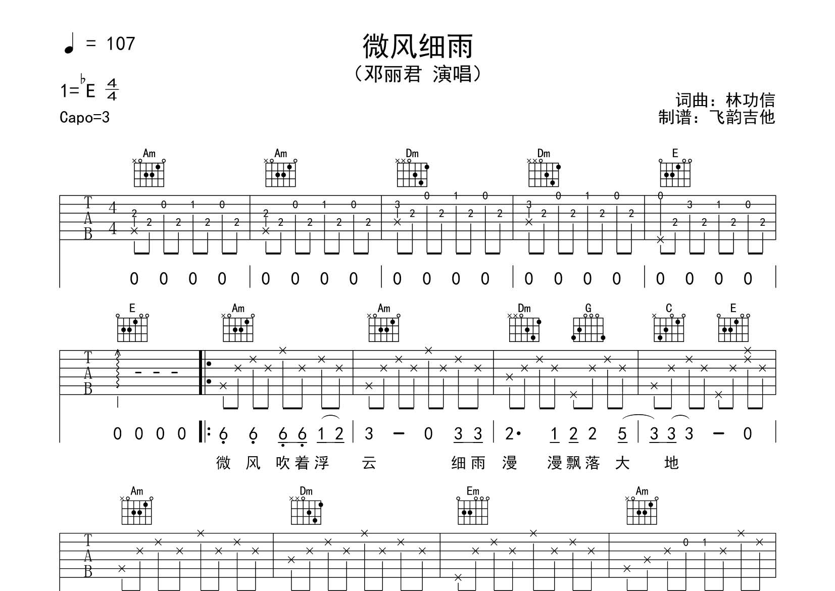 微风细雨吉他谱_邓丽君_飞韵吉他_C调