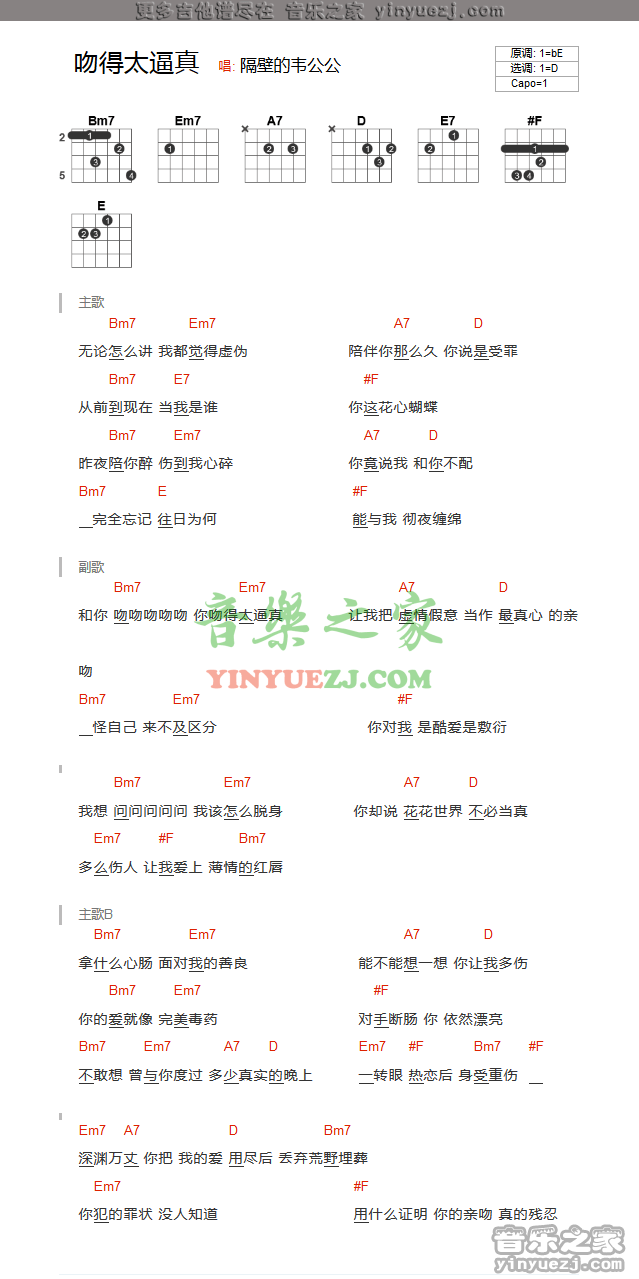 吻得太逼真吉他谱_张敬轩_音乐之家_D调